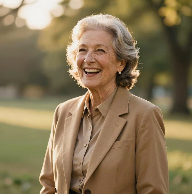 An elegant senior portrait captured during golden hour in a North American park. The subject is laughing naturally, styled in a Tan outfit that complements the sun-drenched environment. The composition is a medium close-up with a soft bokeh background.