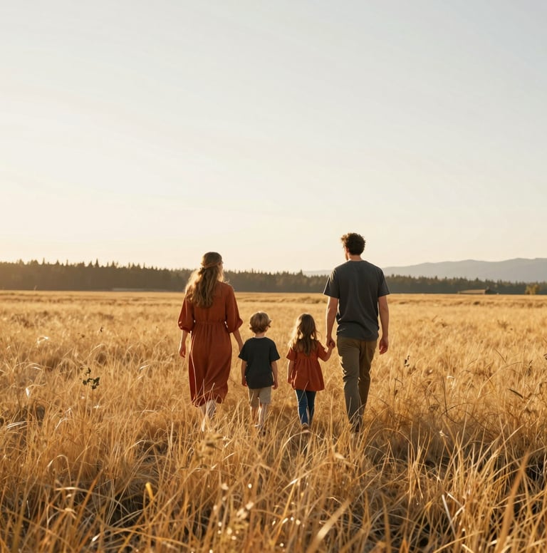 A wide cinematic shot of a family of four walking through a golden meadow in the North American / US Pacific Northwest. Warm sun-drenched evening light, soft sand colored tall grass, and a palette of terracotta and charcoal in their outfits.
