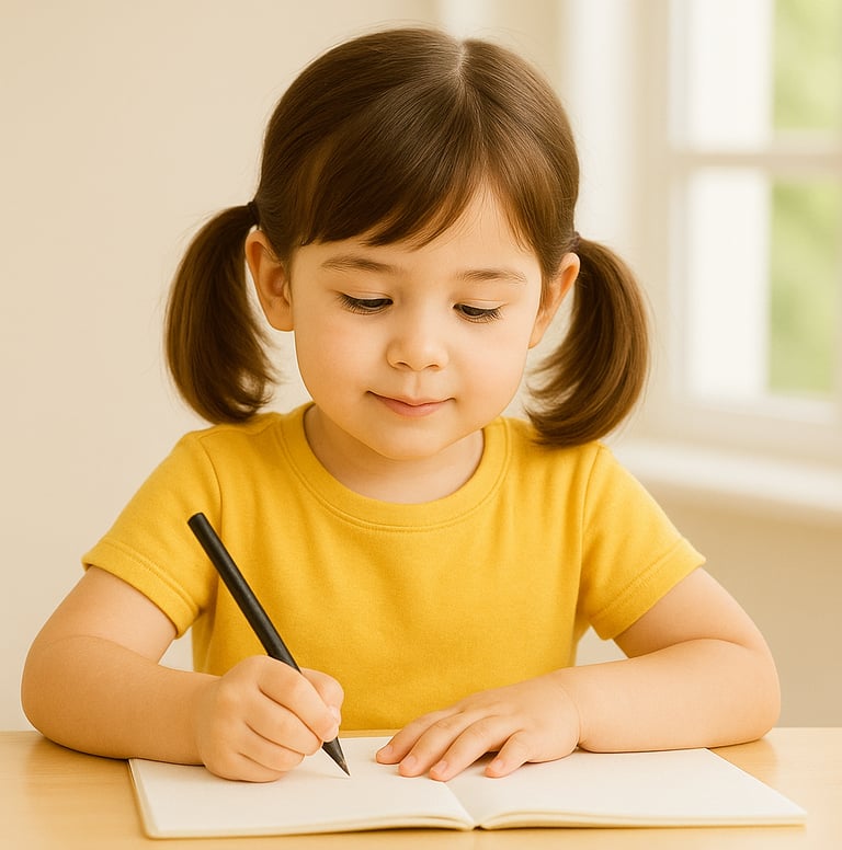 Young child writing in a notebook during early learning at home. Happyness Press