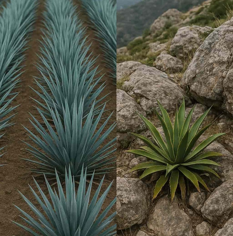 Fotografía que contrasta un campo de agave cultivado en hileras con un agave silvestre creciendo de 