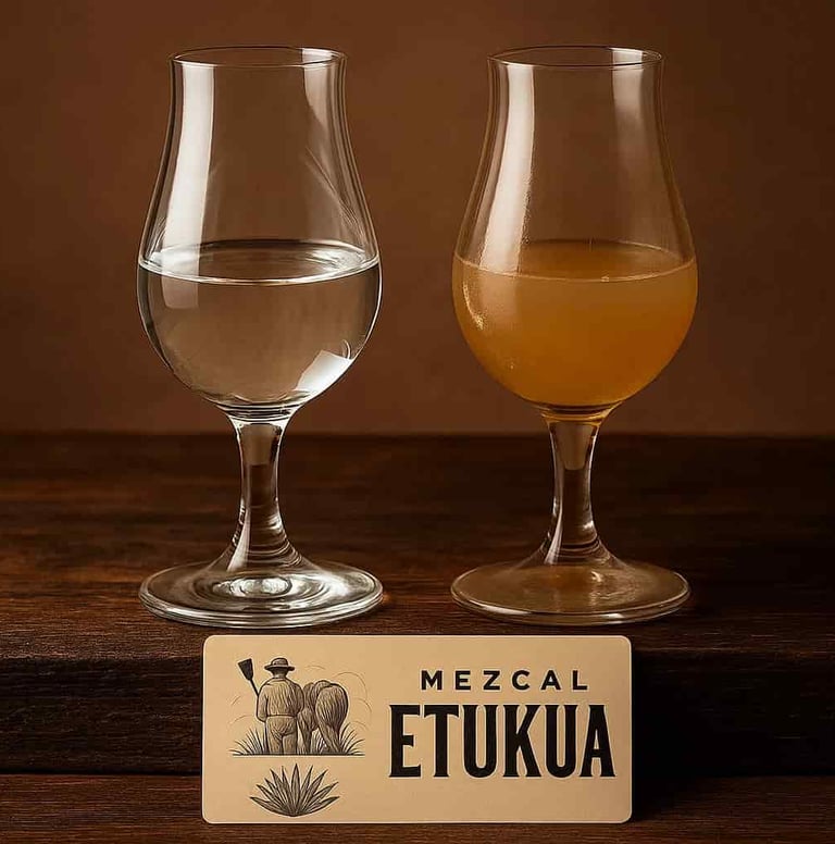 Dos copas de mezcal side by side: una con mezcal Etukua transparente y puro, otra con un líquido 