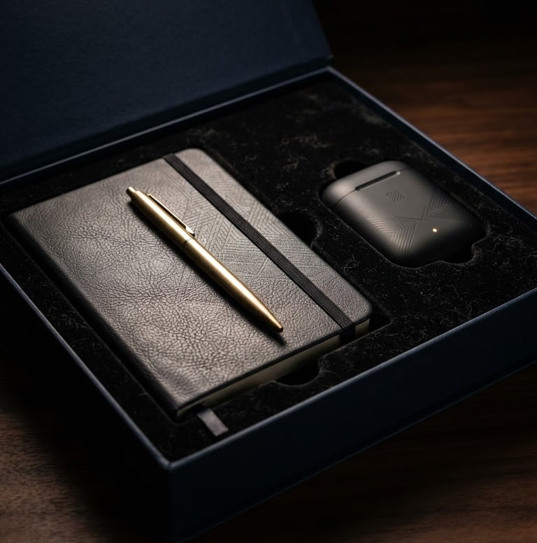 Close-up macro shot of an open luxury corporate gift box revealing an embossed leather diary, a gold-plated pen, and a custom tech gadget, all with subtle branding, dramatic low-key side lighting, deep shadows with warm gold accents, rich textures.