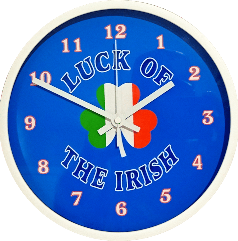 Luck of the Irish blue and white wall clock with shamrock the Ireland flag colors.