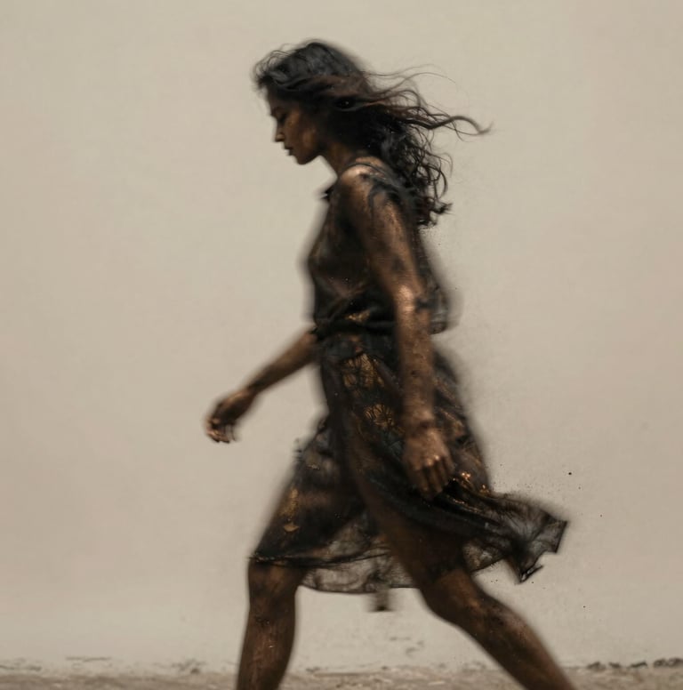 Atmospheric photography of a figure in motion, blurred edges, using charcoal and muted bronze tones to create a sense of mystery and storytelling.