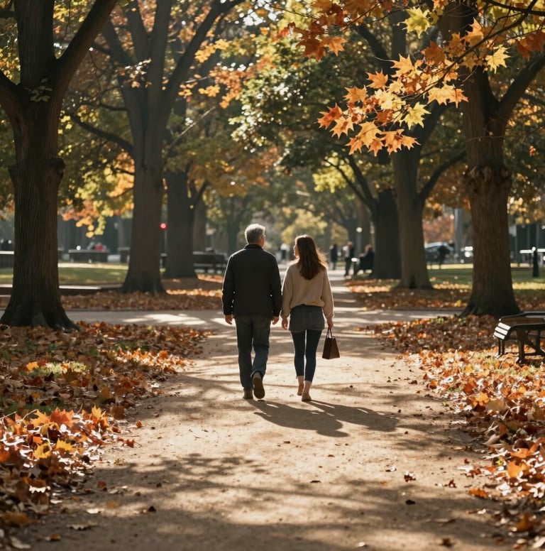 A wide, authentic shot of a couple walking through a sun-drenched park in North America. Cinematic sunlight filters through the trees, casting a warm glow on the Soft Sand paths and terracotta-colored autumn leaves.