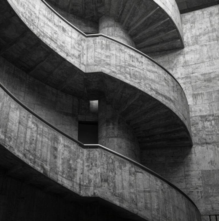 A stark black and white style architectural photograph of a concrete spiral staircase. The image uses tones of dark charcoal and soft sage highlights to emphasize the texture and professional craftsmanship of the brutalist structure.