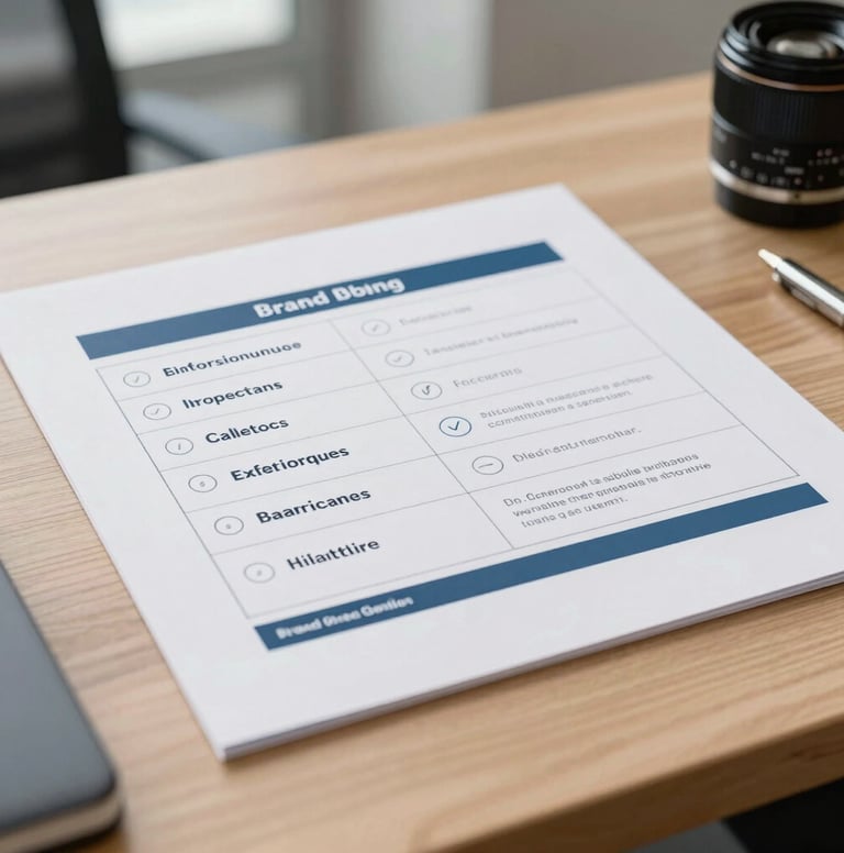 A close-up photograph of professional brand guidelines printed on high-quality paper, laid out on a light-colored wooden desk in a modern International / Western office. The palette features muted steel blue and crisp off-white tones.