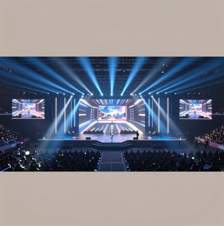 A wide-angle shot of a massive esports arena stage. Brilliant blue and white spotlights (#8EA7BF) cut through a hazy atmosphere. Large LED screens display professional broadcast graphics. The composition is epic and professional.