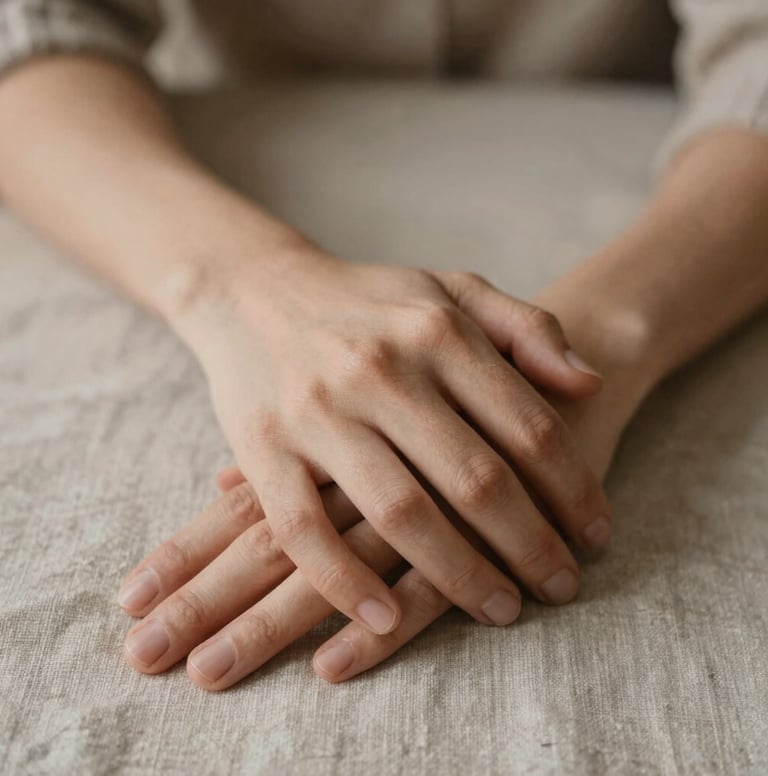 Close-up of hands intertwined softly, resting on a textured linen surface. Warm, natural indoor lighting with earthy tones like #7B6654 and #C8B6A6.