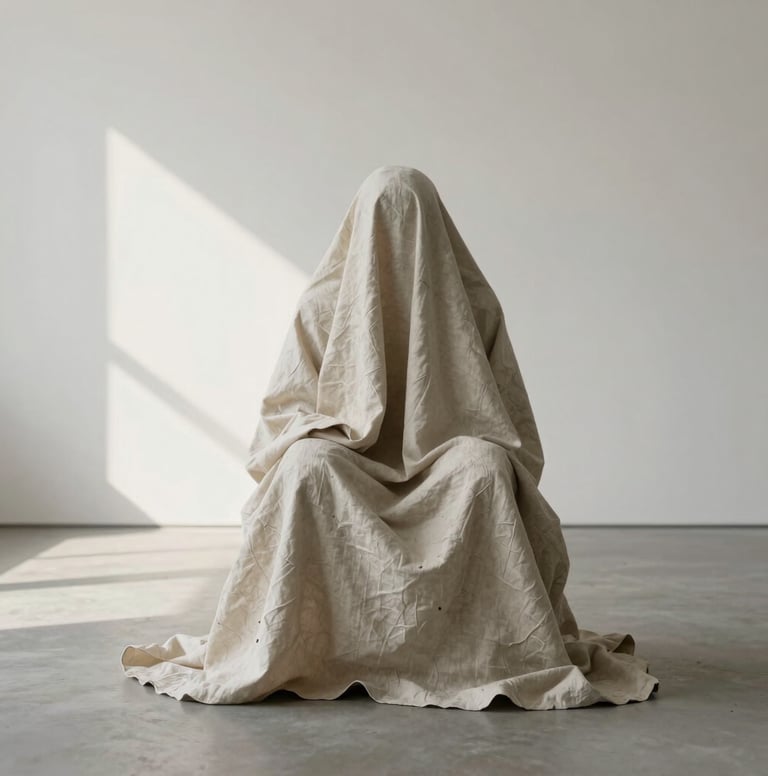 Minimalist photography of a subject in draped linen clothing in a contemplative pose, soft natural side-lighting, contemporary gallery aesthetic, Global / Contemporary Art.