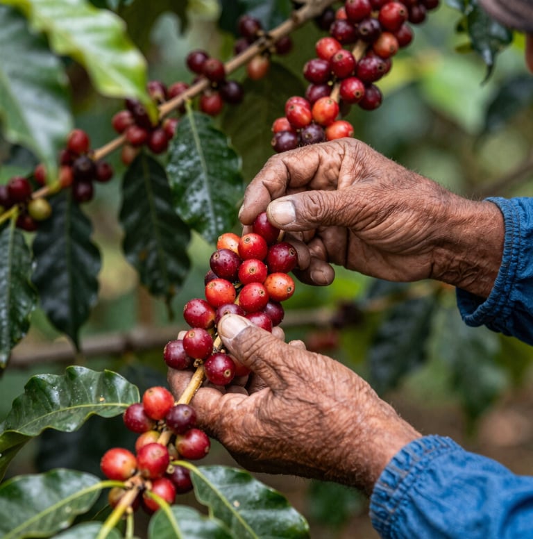 Close-up of weathered hands in South American attire carefully selecting vibrant red coffee cherries from a lush green branch, natural light filtering through leaves, authentic and artisanal feel.
