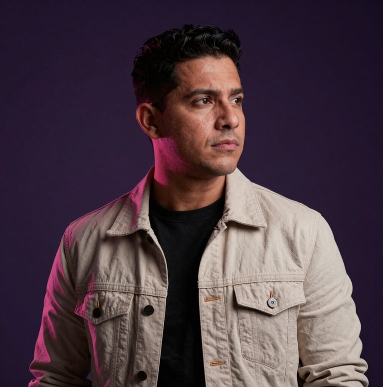 A professional and moody photography portrait of a South American / Venezuelan male musician looking thoughtfully into the distance, wearing contemporary fashion, set against a dark purple studio background with subtle rose-colored rim lighting.