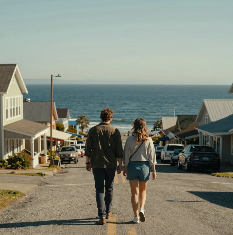 A candid photograph of a couple walking through a coastal North American / US town. The lighting is bright and warm, reflecting their global travel experience. Muted steel blue ocean in the background.