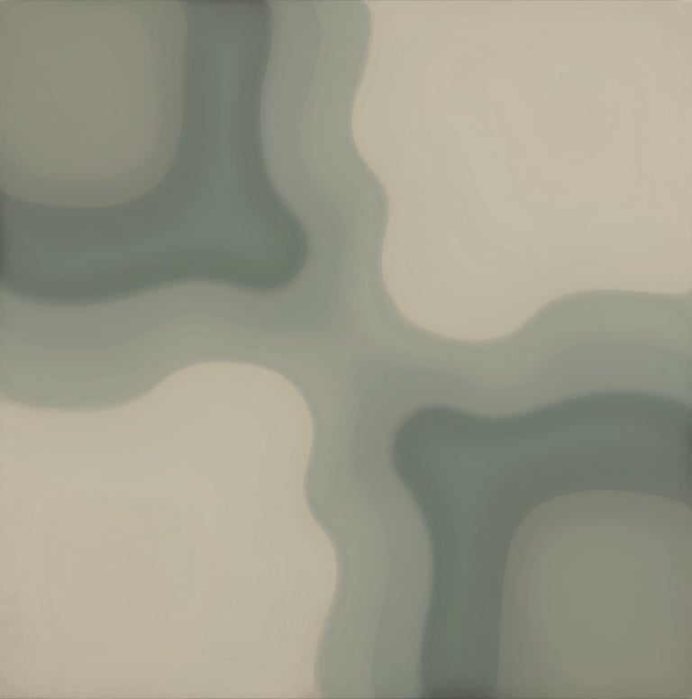 A vertical abstract painting with fluid, organic shapes that seem to blend into one another. The colors used are #C8C0B2 beige and #6B705C sage, with subtle dark accents of #1A1A1A. The mood is deeply personal and immersive.
