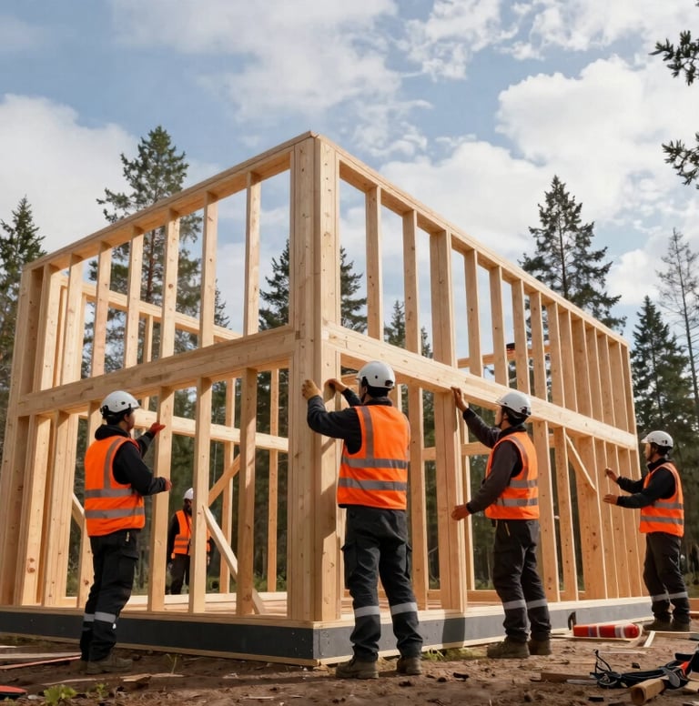 Wide shot photography, a professional construction team in safety gear assembling a high-quality wooden house frame under a bright sky in a Northern European / Finnish forest clearing. Dynamic composition, low angle to emphasize height and quality, vibrant safety orange details on gear, deep charcoal black shadows, soft cloud white sunlight.