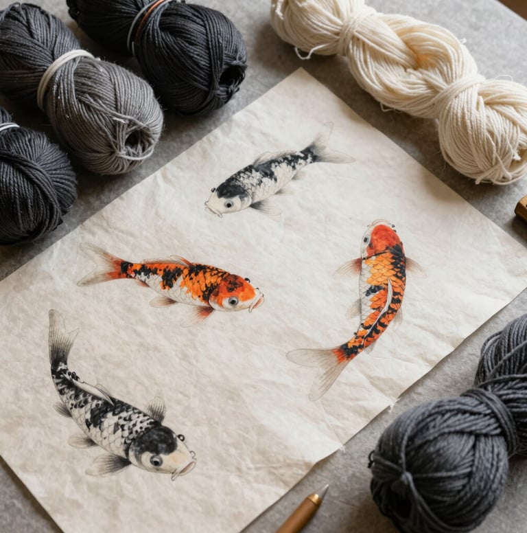 A refined flat-lay of design inspiration, including koi fish sketches on rice paper and hand-spun Pakistani cotton yarns in charcoal and ivory, in a East Asian / South Asian influenced for a global luxury audience artisan's workspace.