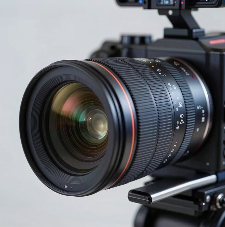 A close-up shot of a professional cinematic lens on a camera rig, showing reflections of dark slate blue studio lights, set in a sophisticated North American film production studio.