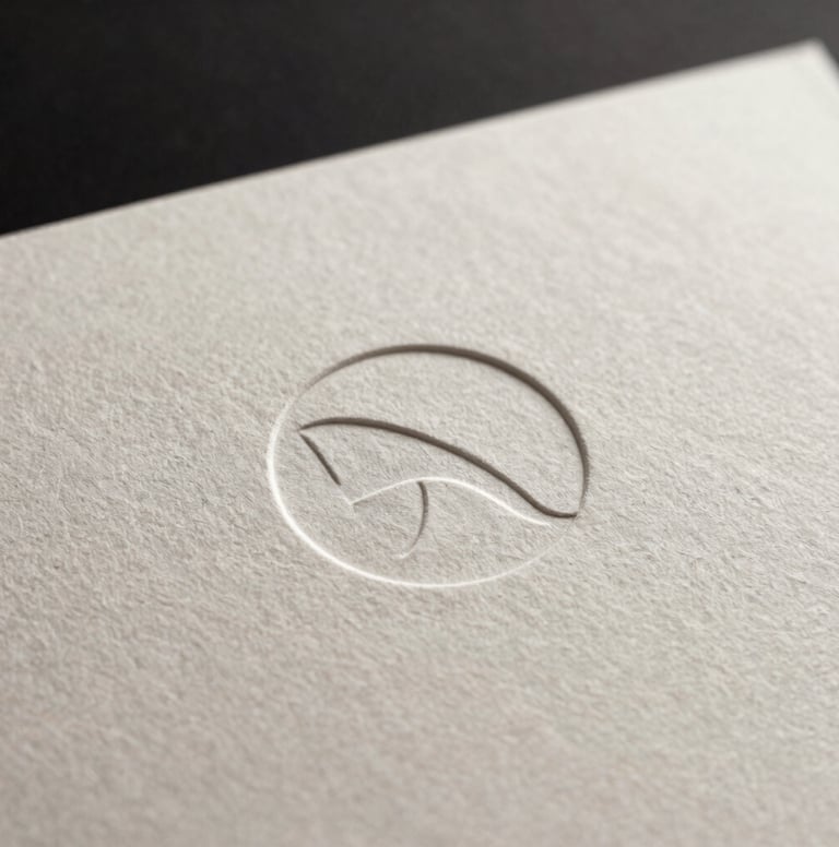 Macro photography of a minimalist logo embossed on premium off-white paper. Elegant shadows, shallow depth of field, sophisticated and professional atmosphere with a focus on tactile texture.