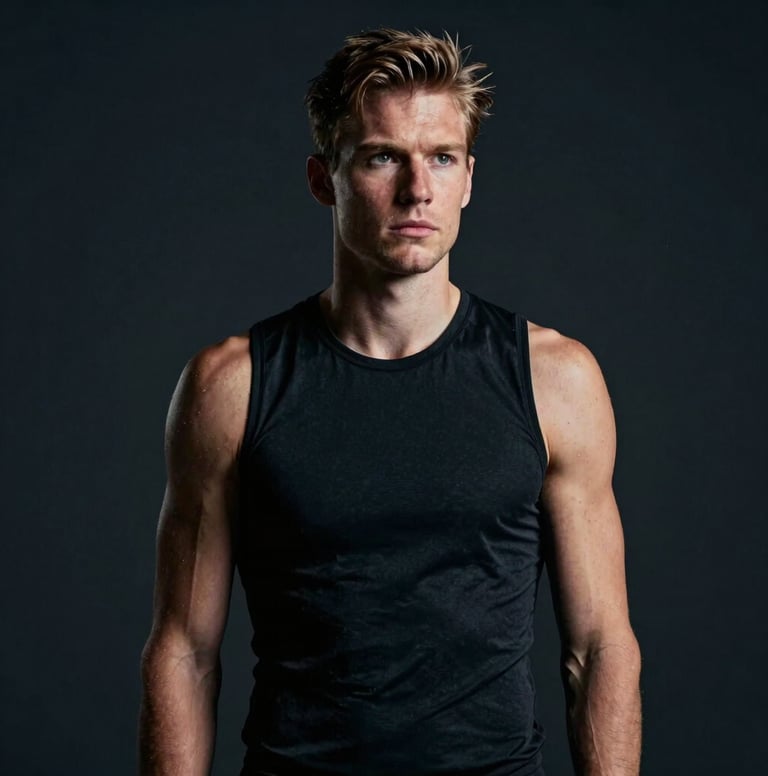 A vertical, medium-shot portrait of a athlete in a moment of reflection. Minimalist Northern European / Dutch setting, cinematic lighting with a focus on storytelling rather than action. High-end photography with a dark, premium feel.