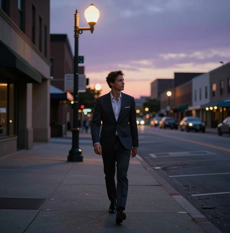 An atmospheric long shot of an actor walking through a North American / US city street at twilight. The mood is sophisticated and contemporary, with streetlights casting a warm glow against dark grey and muted purple surroundings.
