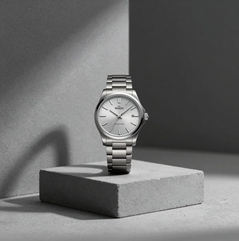 A studio-lit, high-fashion product arrangement. A luxury watch displayed on a minimalist, monolithic concrete block. Sharp focus, dramatic but clean shadows. Palette: #1A1A1A, #8E8E8E, #D8D8D8.