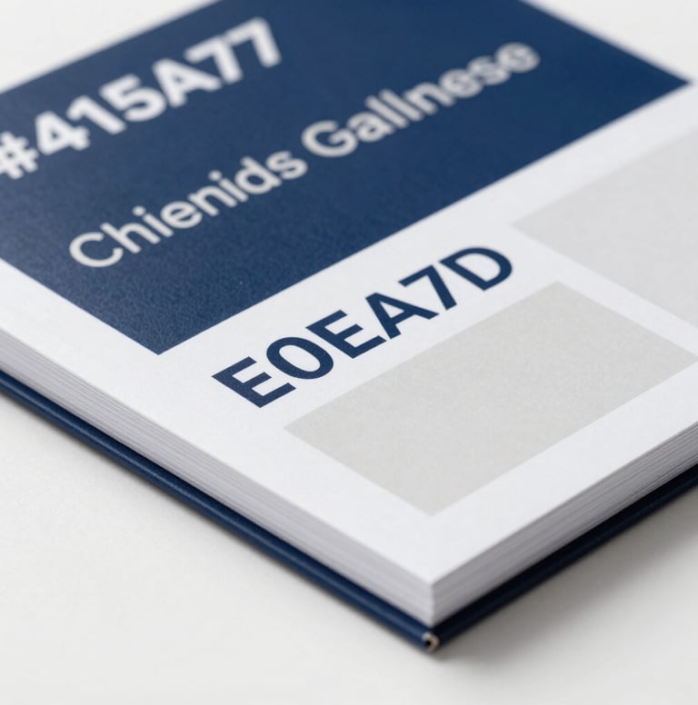 Macro shot of a high-quality brand guidelines book. The pages show typography and color palettes including #415A77 and #E0E1DD. The style is clean, sharp, and reflects sophisticated capability and professional attention to detail.