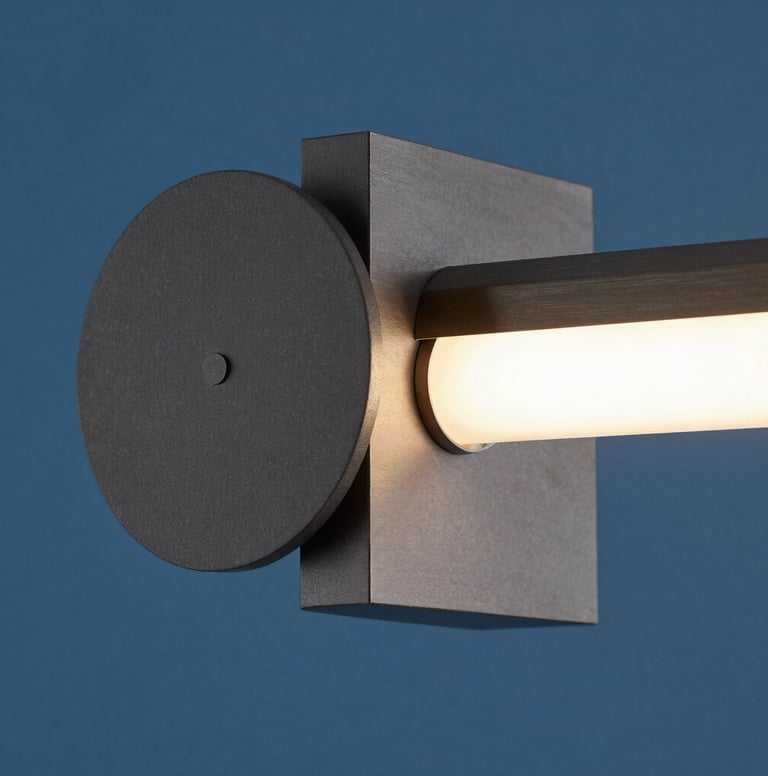 A sharp, close-up photograph of a geometric light fixture designed with Bauhaus aesthetics. The lamp features clean circular and square components in dark gray and brushed steel, set against a cerulean blue backdrop in a sophisticated North American interior.