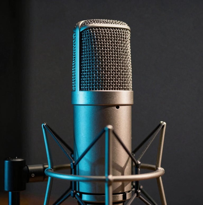 Close-up of a high-end studio microphone in a dark South American / Colombian recording studio. A neon cyan light strip reflects off the metallic surface. Dark grey background, moody and professional atmosphere.