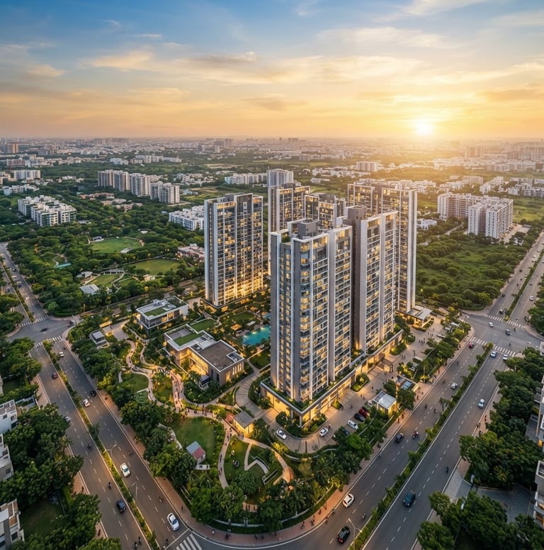 Aerial render of Brigade Neopolis high-rise towers at golden hour, overlooking a vibrant, green Kokapet, Hyderabad, with clear roads and infrastructure, expansive sky, low horizon.