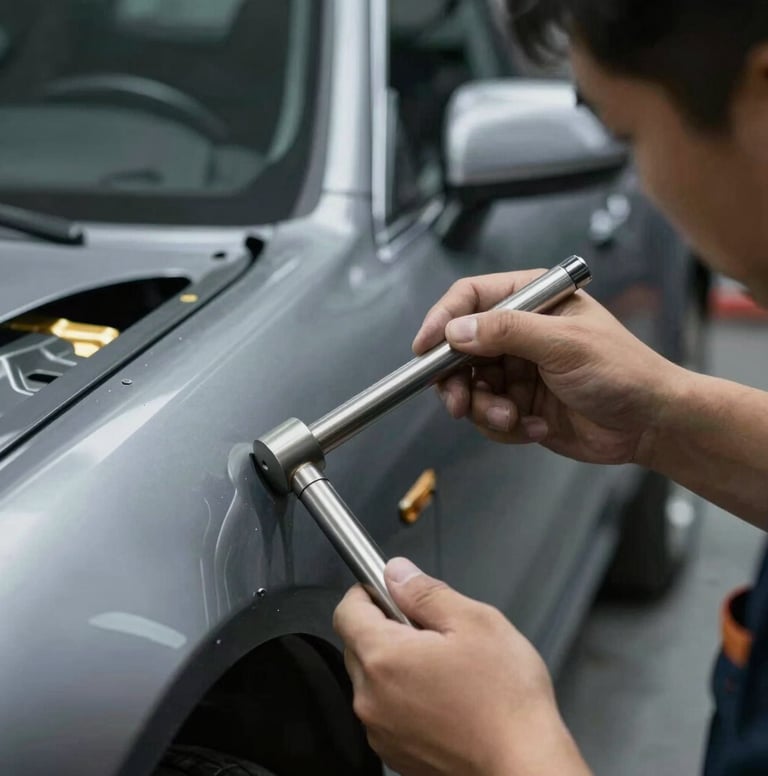 A professional technician's hand using a stainless steel rod tool behind a car panel, demonstrating the hidden craftsmanship of the varillero process, moody lighting with gold accents.