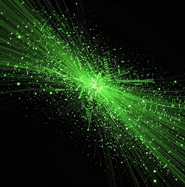 A dynamic and abstract cinematic photography of high-speed light particles in neon green moving across a pure black background, symbolizing data flow and attention.