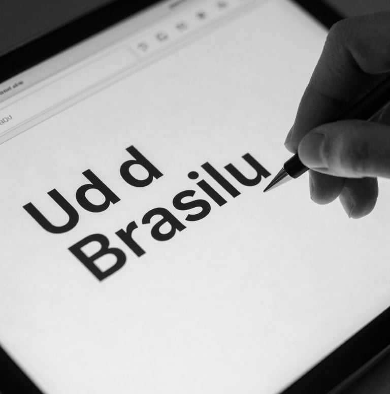 Desaturated black and white close-up of a high-tech interface being navigated by a creative professional from Brasília, soft lighting highlighting clean typography and a sophisticated, minimalist UI layout.
