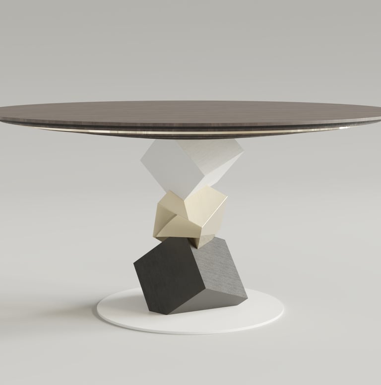 Pyrite dining round table, polished brass, walnut, oak 