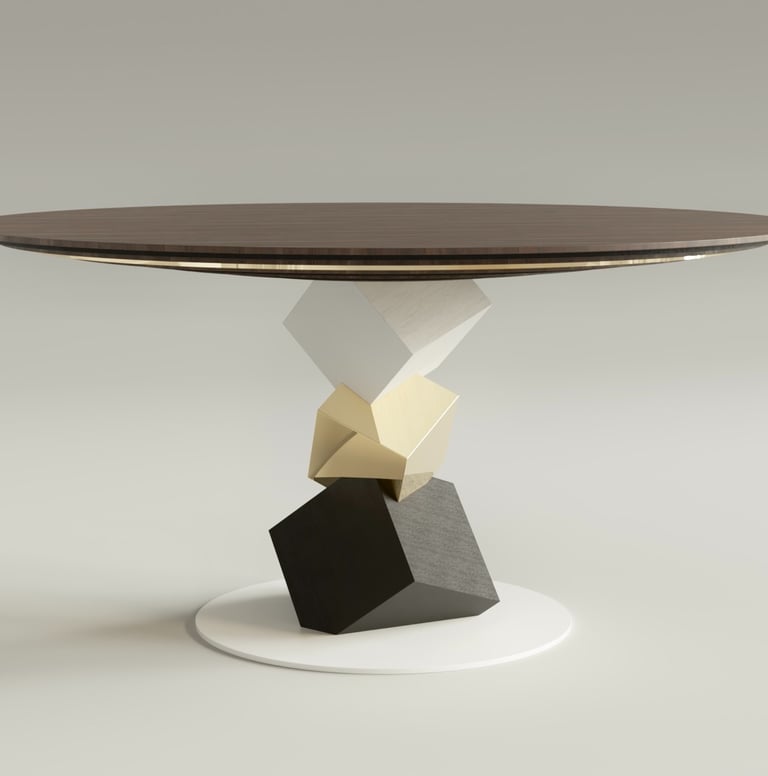Table ronde de la série Pyrite en noyer, laiton poli, moabi. Pied central formé de cubes