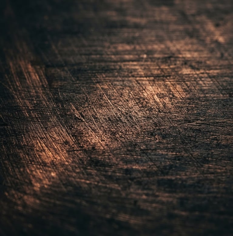 Extreme macro close-up of brushed copper surface, dark moody editorial photography, dramatic low-key side lighting, deep charcoal and copper tones, 35mm