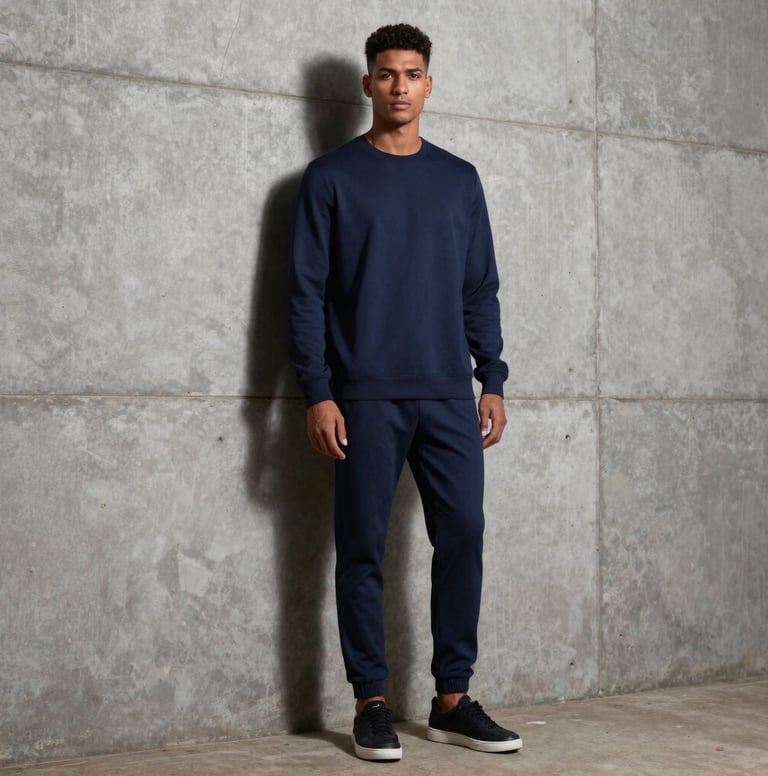 High-fashion full-body shot of a South American / Brazilian male model posing against a brutalist architectural wall in Brazil. He is wearing modern streetwear in dark navy blue. The lighting is dramatic with slate gray shadows.