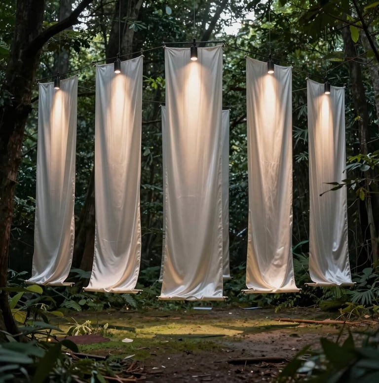 A wide-angle artistic photograph of a large-scale installation. Multiple silk sheets hang from a high ceiling in a dark forest green space, illuminated by single beams of light.