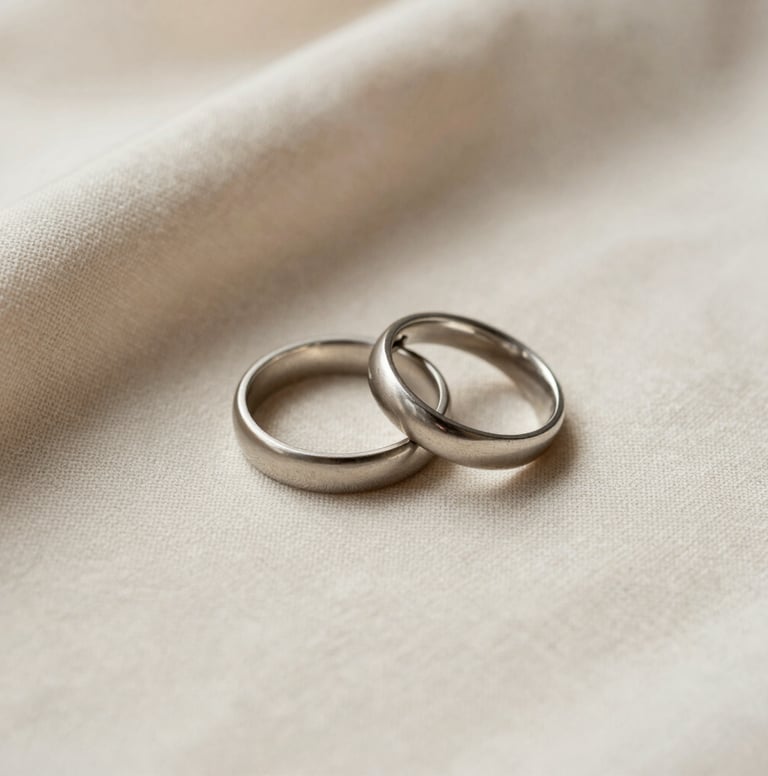 A minimalist macro photograph of two wedding bands resting on a soft cream textured linen cloth. The lighting is directional and soft, casting gentle shadows in a North American / European studio style.