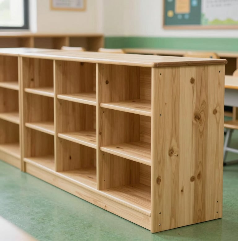 A row of modular wooden classroom units at a local school, featuring clean sand-colored wood and green surroundings.