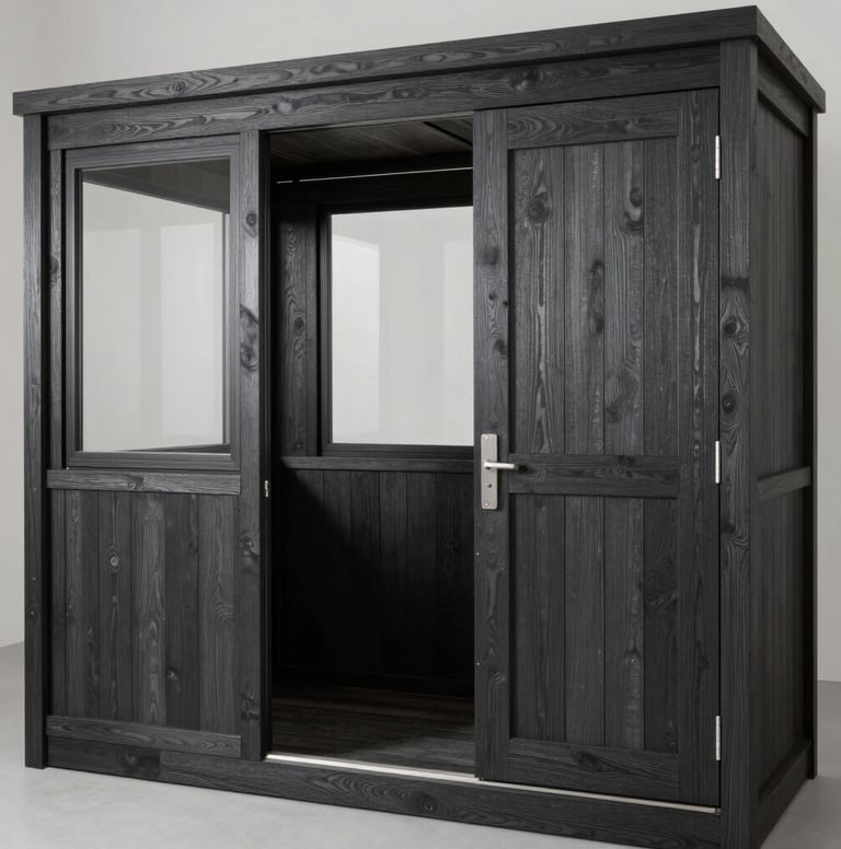 A compact timber guard room with secure windows and a robust door, showing off professional wood treatment in a deep charcoal shade.