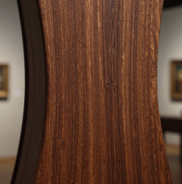 Detailed macro photograph of a carved wood installation, showing the smooth, polished surface and rich grain of Black Walnut. Studio lighting creates deep shadows and elegant highlights in a museum-like atmosphere. Professional North American architectural photography style.