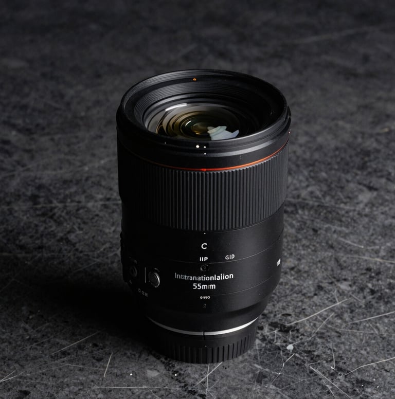 Commercial product photography of a high-end luxury camera lens on a dark gray marble surface, dramatic side lighting with deep blacks and sharp reflections, International / Professional aesthetic.
