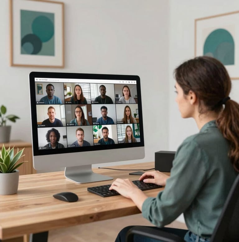 Casting director at a light wood desk, reviewing video auditions on a large monitor. The room is decorated with minimalist art and plants, reflecting a professional but warm human touch. Accent colors in #1A5E63 are present in the decor.