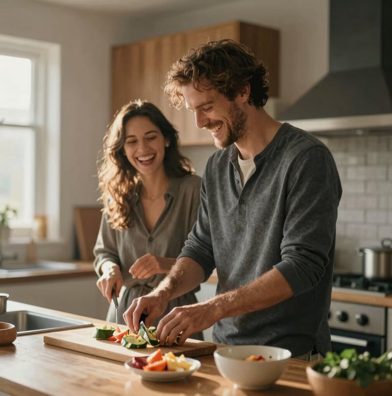 Candid interior shot of a sun-drenched kitchen. A couple is laughing while preparing a meal, surrounded by warm wood and charcoal accents (#2F4F4F). The light is cinematic and hazy, suggesting a calm, happy atmosphere.