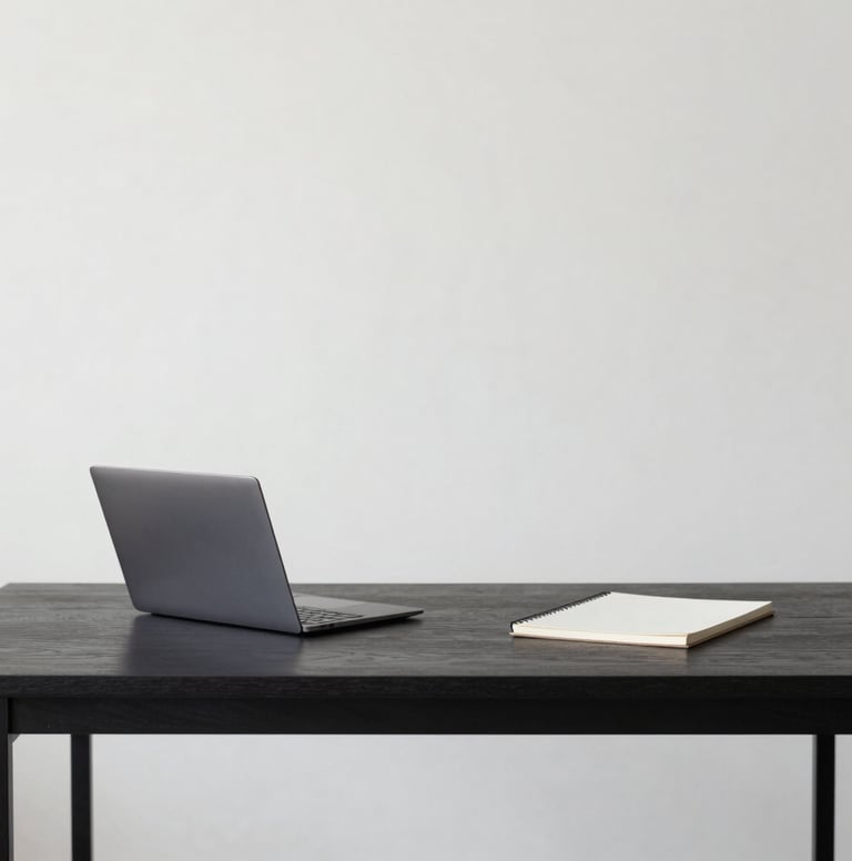 A wide-angle, minimalist photograph of a high-end design studio. A single dark wood desk holds a sleek laptop and a neutral sketchbook. The background is a clean, off-white wall with soft shadows. The overall vibe is professional and calm, with a palette dominated by #0F1E2E and #F8F8F4.