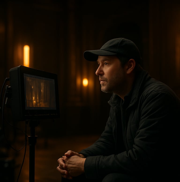A behind-the-scenes photograph of a film director looking at a monitor on a dark, sophisticated film set with golden accent lighting. Professional atmosphere, North American / International.