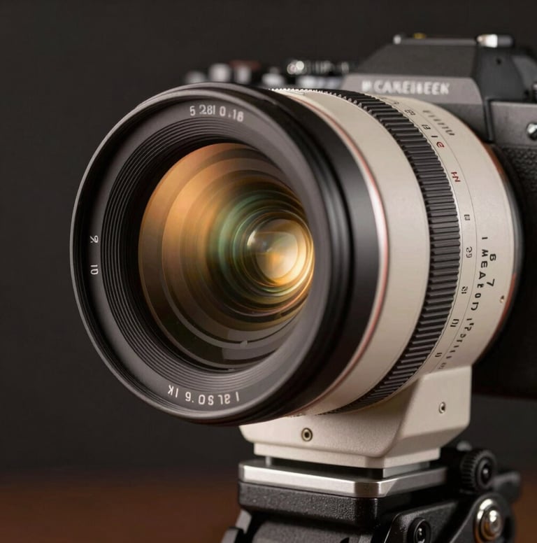 Close-up photography of a professional cinema camera lens. The glass reflects a warm gold studio light. The body of the camera is a matte off-white and charcoal gray. Global / Western professional studio setting with a blurred dark background.