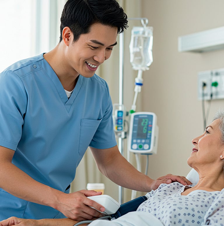 Nurse taking care and checking vital signs of a patient.