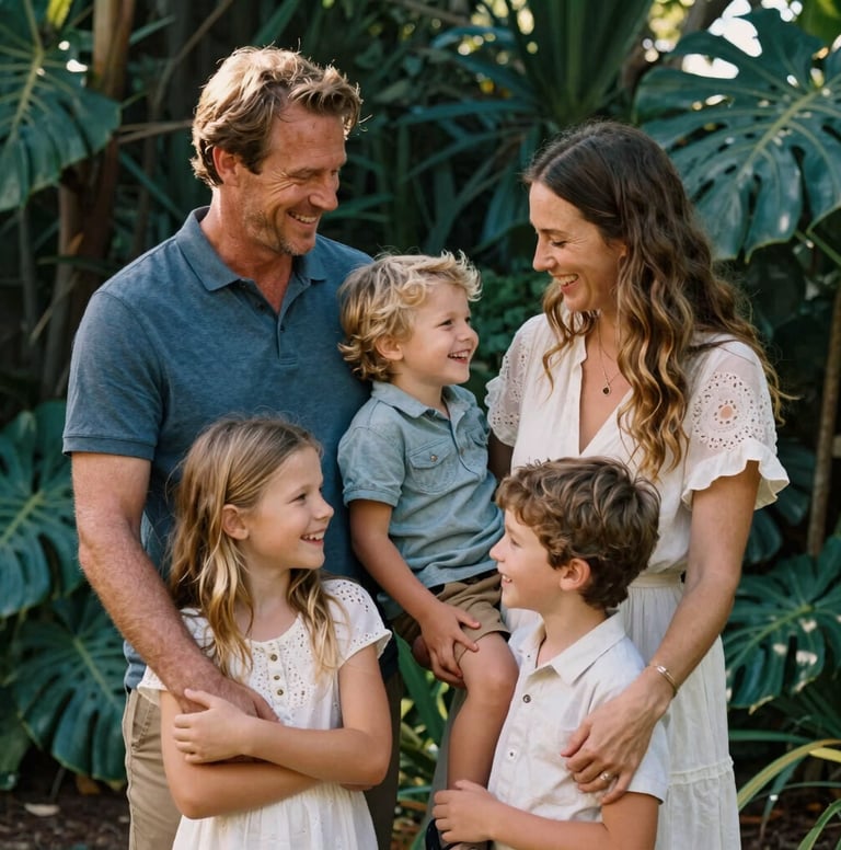 A heartwarming, professional portrait of a young family laughing together in a lush South African garden. The lighting is warm and authentic, featuring deep forest teal foliage and a soft, inviting atmosphere.