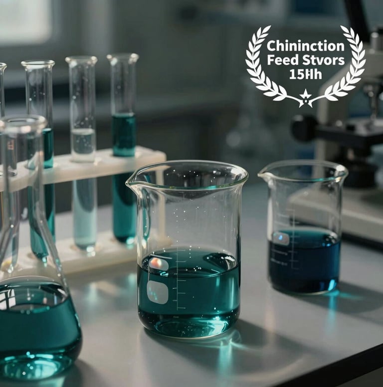 Artistic shot of laboratory glassware including beakers and test tubes filled with dark forest teal dyes, reflecting soft milky pearl light in a dim room.